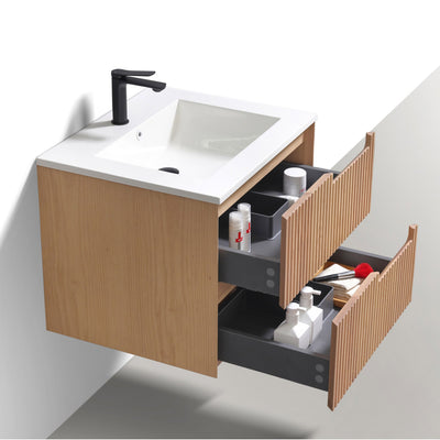 24" Wall Mounted Bathroom Vanity in American Oak Finish, Open Drawers