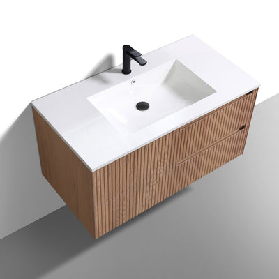 Benson 40" Wall mounted bathroom vanity in American Oak, top view