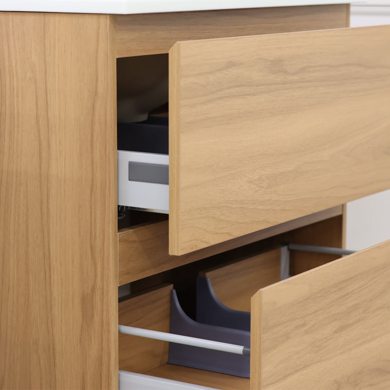 24" Wall Mounted Bathroom Vanity in Harvest Oak Finish. Close up of Drawers.