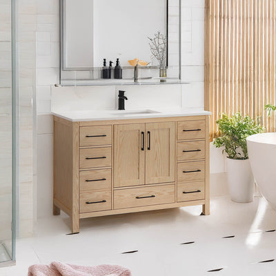 Elle 48" bathroom vanity in light oak finish, lifestyle picture