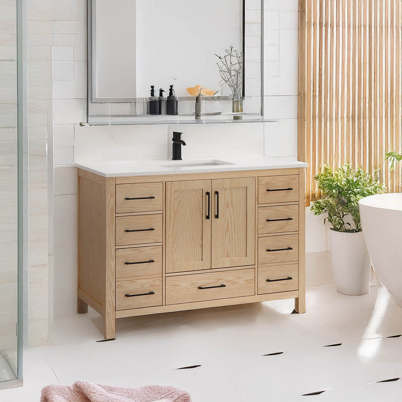 Elle 48" bathroom vanity in light oak finish, lifestyle picture