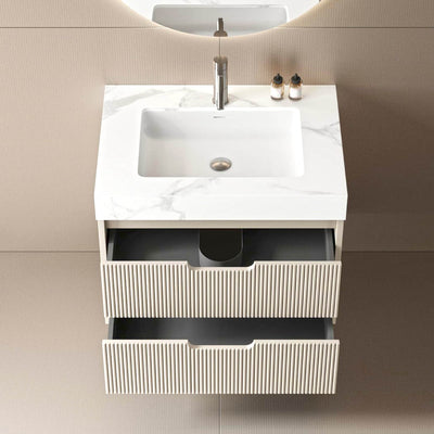 Siena 30" Fluted wall mount bathroom vanity, light grey with white top, open drawers