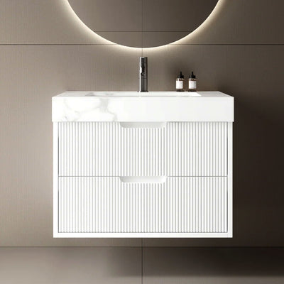 Siena 30" Fluted wall mount bathroom vanity, white with white top