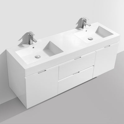 60" double sink gloss white wall mount bathroom vanity